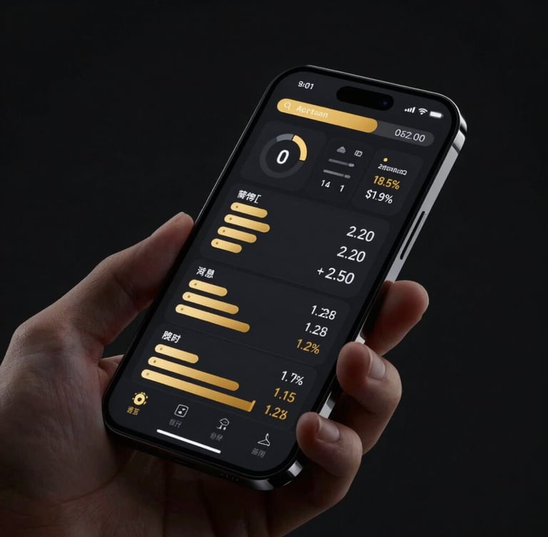 Sleek dark-mode technology photography, macro shot of a hand holding a smartphone displaying an active automated dashboard with golden metrics, high contrast