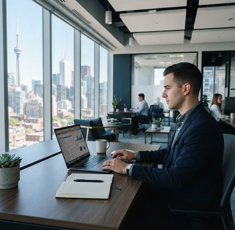 A clean, modern corporate office in Toronto with bright natural window light, structured desk setup, cool navy and grey tones, professional 35mm photography.
