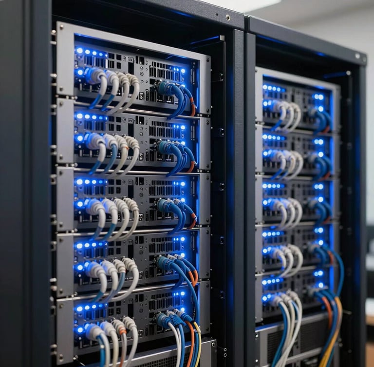 Vista lateral de un rack de servidores iluminado con luces LED azules y blancas, cables perfectamente ordenados, enfoque nítido, estilo corporativo.