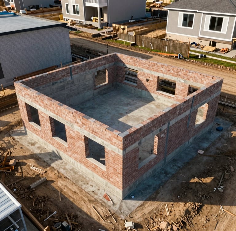 Overhead drone shot of a clean residential construction site, bright daylight, sharp details of brickwork and concrete foundation, professional real estate style