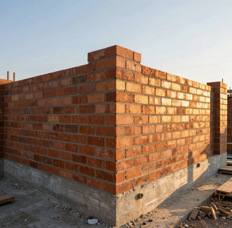 Close-up of high-quality brickwork and concrete foundations at a residential construction site, warm golden hour light, sharp architectural details.