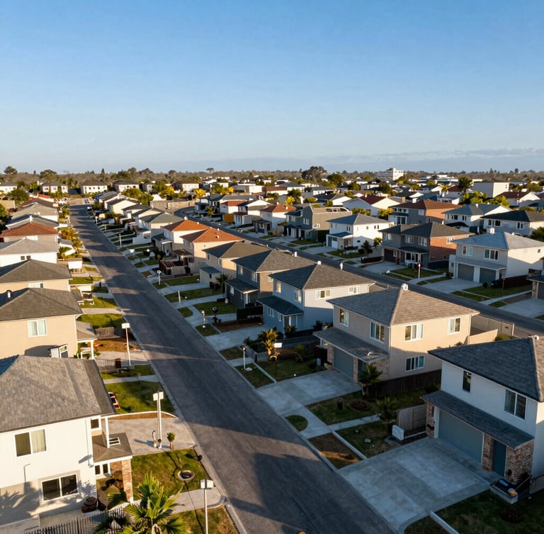 Overhead drone shot of a clean, organized residential neighborhood with paved streets and modern houses under a clear blue sky, warm daylight