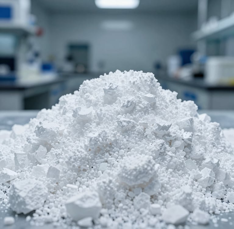 Macro-lens close-up of pure white crystalline Soda Ash compound inside a cool-toned laboratory setting, sharp focus, metallic background