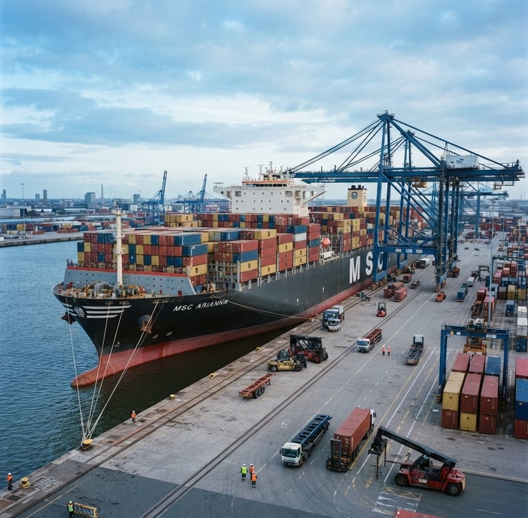 Wide environmental shot of a massive container vessel docked at a modern deepwater port, cool daylight, metallic grays and deep blues, sharp focus, 35mm