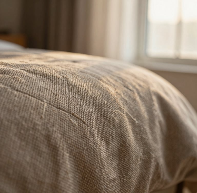 Extreme close-up of premium woven textile showing delicate threads and rich texture, soft golden-hour window light, muted earth tones, shallow depth of field