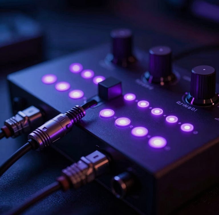Tight macro shot of a high-end audio interface, glowing purple LED indicator lights, patch cables plugged in, dark moody recording studio background, 35mm