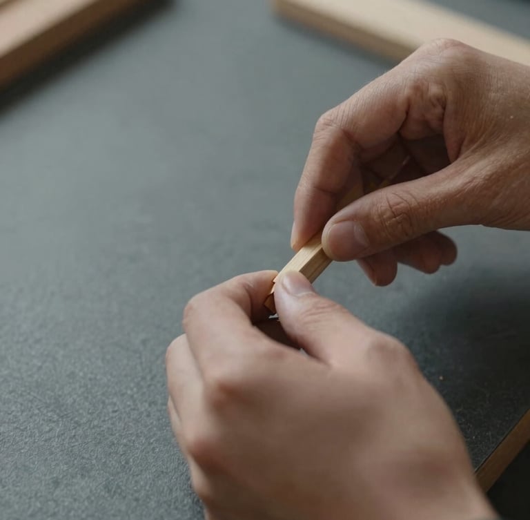 Close-up of hands carefully carving wood or engaging in a precise craft, soft indirect daylight, muted earth tones and slate, sharp focus, 35mm