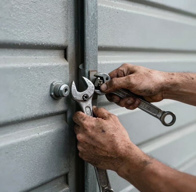 Close-up of grease-stained hands tightening a heavy steel garage door bolt with a vintage wrench, harsh work-light casting deep shadows, industrial grit.