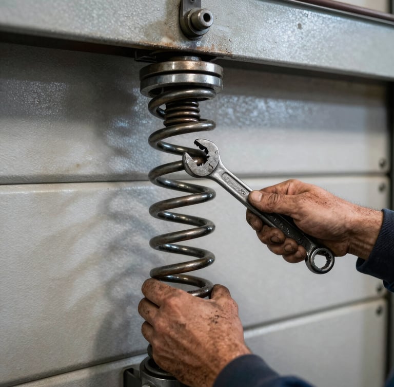 A close-up of a mechanic's grease-stained hands tightening a heavy steel garage door torsion spring with a solid iron wrench, harsh direct work-light, high contrast