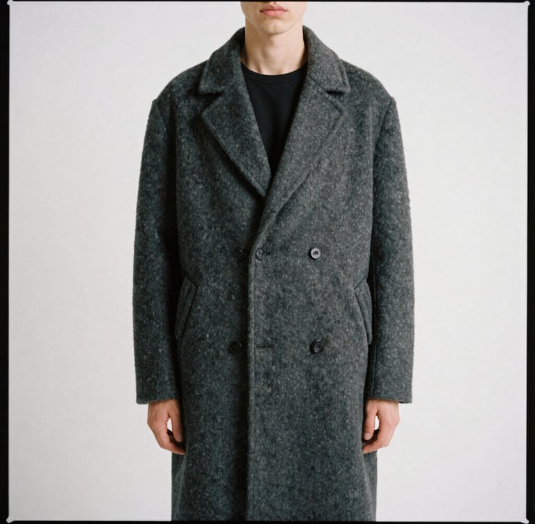 Model in a structured, solitary pose against a stark white studio backdrop, wearing a heavy monochromatic charcoal wool overcoat, sharp focus, desaturated tones, medium format film look