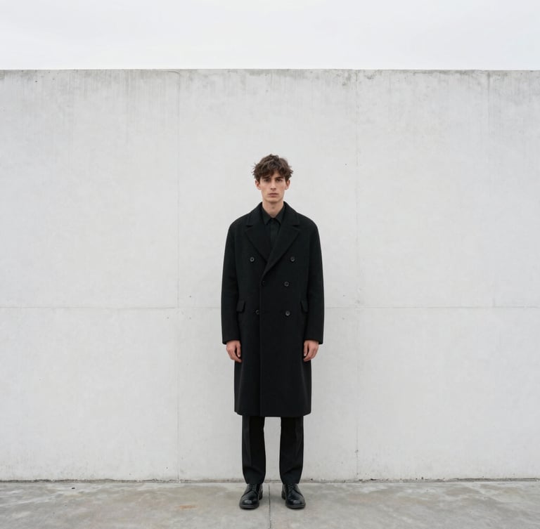 Solitary model in a structured black wool coat standing against a stark white concrete wall, sharp overcast daylight, minimalist fashion photography.
