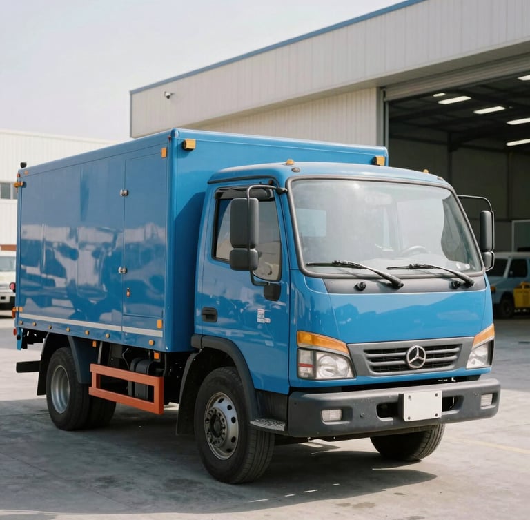 A crisp 35mm photograph of a clean blue service truck parked outside a modern industrial warehouse in Al Quoz Dubai, bright natural daylight, technical utility focus