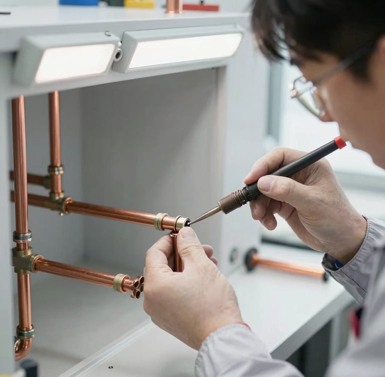 Close-up of a professional technician in clean uniform soldering copper pipes inside a well-lit workshop, bright daylight mixed with utility work lights, sharp focus on the metallic joints, 35mm lens.