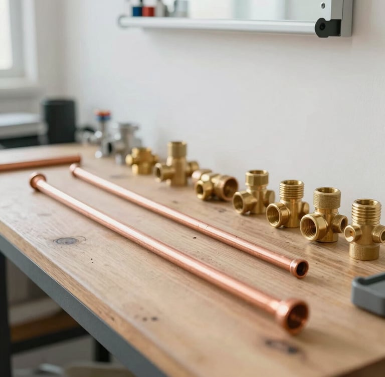 A crisp 35mm photograph of a clean organized plumbing workshop in Al Quoz Dubai, copper pipes and professional brass fittings arranged on a wooden workbench, bright natural daylight