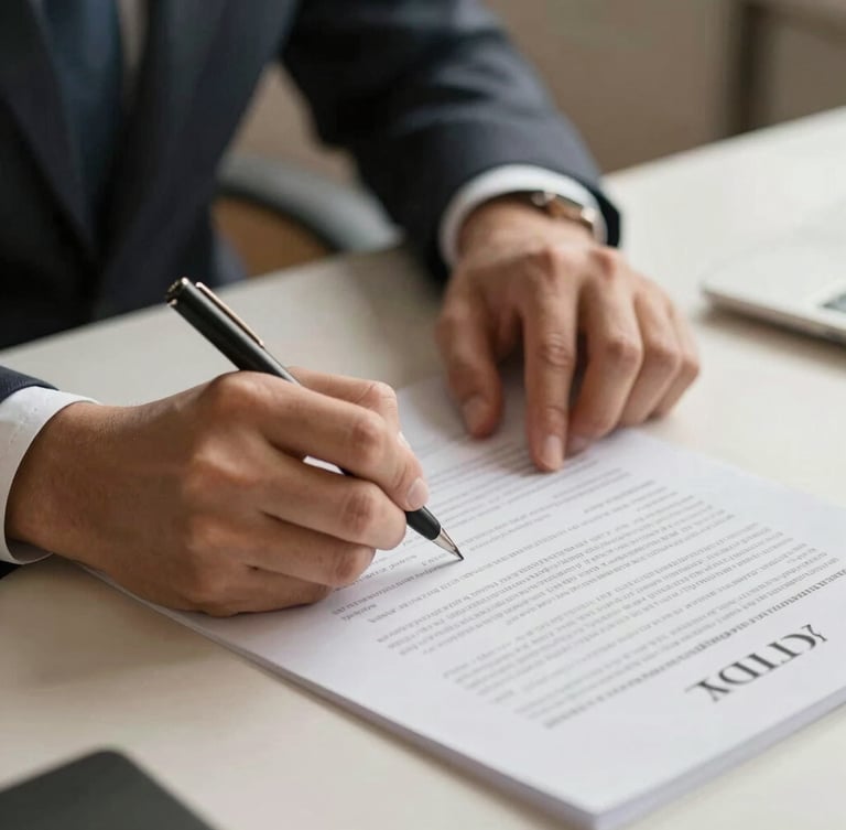 A close-up of professional hands signing a structured employment contract on a clean slate table, warm office lighting