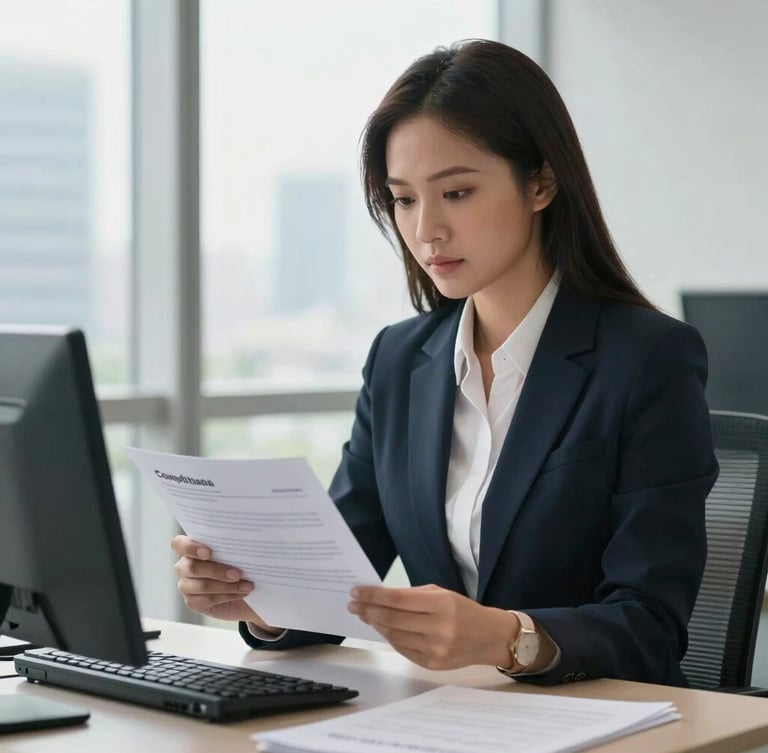 A professional Indonesian HR director reviewing compliance documents in a bright, modern Jakarta office, natural daylight, medium shot.