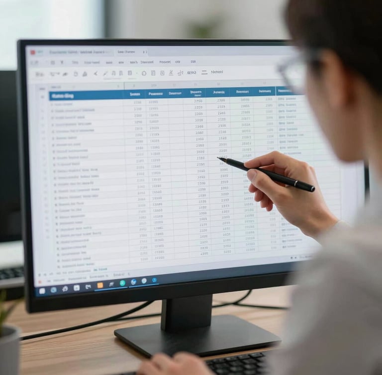 Close-up of financial controller analyzing corporate payroll spreadsheets on a clean monitor, soft office daylight, professional corporate setting.