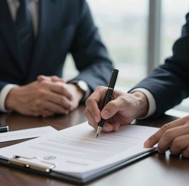 A close-up of professional hands in an elegant Jakarta office signing a corporate service agreement, soft window light, shallow depth of field