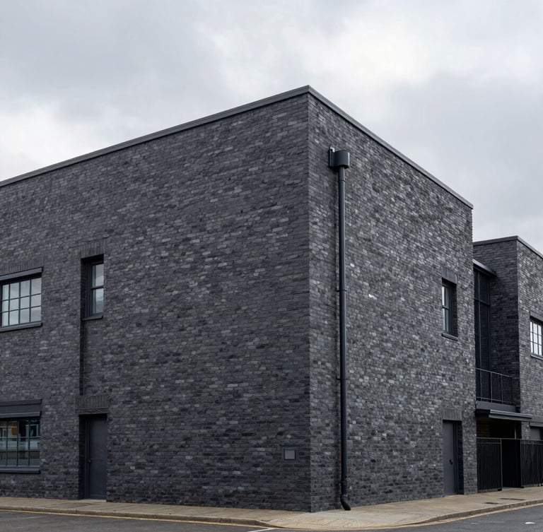 Stark overcast daylight architectural shot of Manchester industrial park, high-contrast slate and charcoal tones, sharp focus, 35mm lens