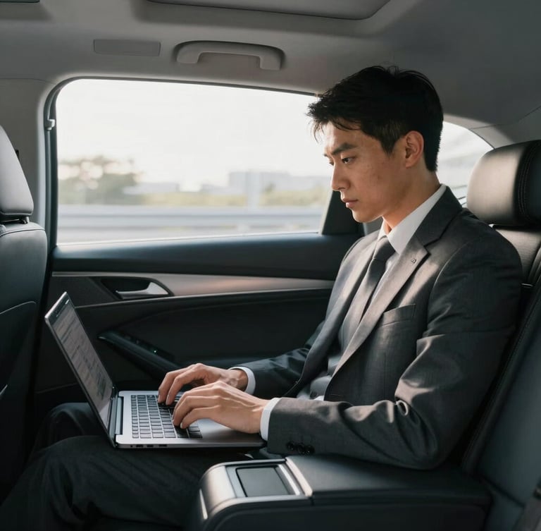 Cinematic side-profile of a business traveler working on a laptop in the rear seat of a clean, late-model executive sedan, cool morning light filtering through the window