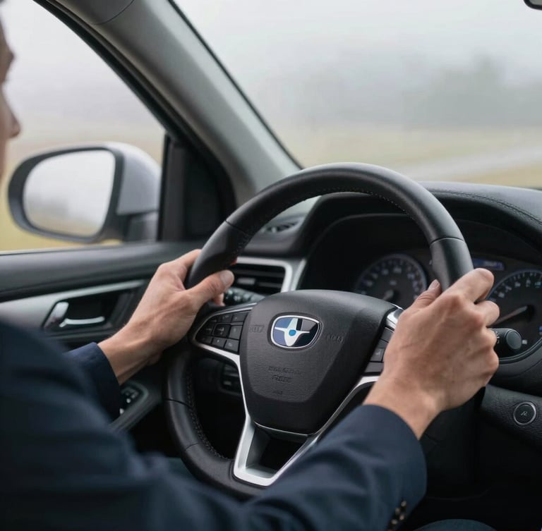 Cinematic close-up of a professional driver's hands on a leather steering wheel, soft morning mist through the windshield, clean executive vehicle interior, premium logistics feel.