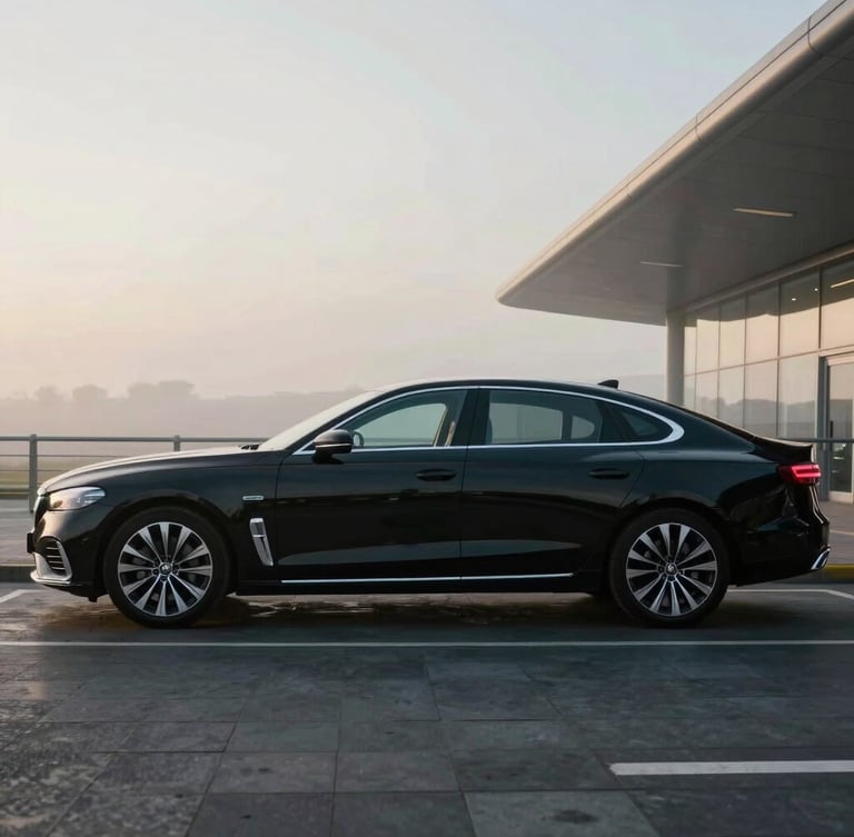 Cinematic side profile of a clean, late-model executive black sedan parked outside Manchester Airport terminal under cool morning mist, soft reflections on the chassis.