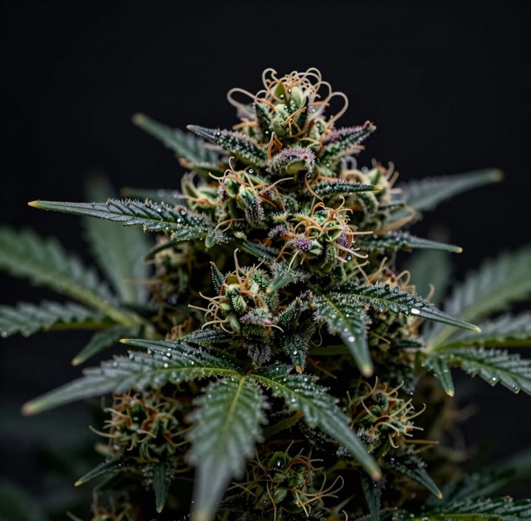 Macro lens shot of a dense, trichome-rich cannabis bud with deep green and purple hues, glistening under dramatic low-key highlights, dark background.