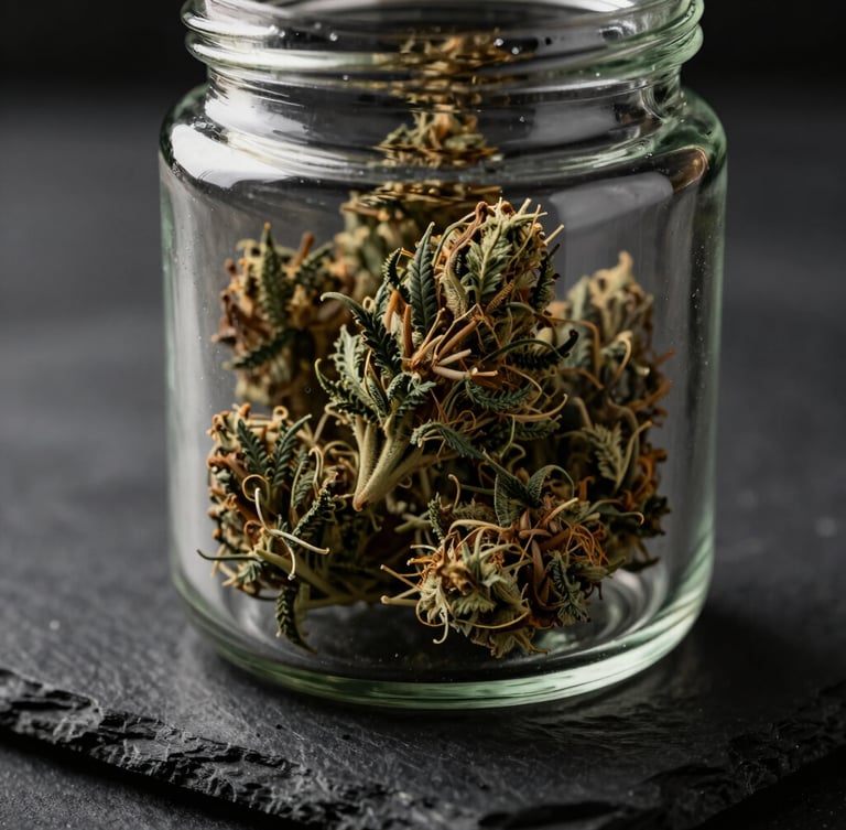 Moody close-up product photography of a premium, clean glass jar containing dense exotic cannabis buds, resting on a dark slate surface, soft golden directional light, 35mm.