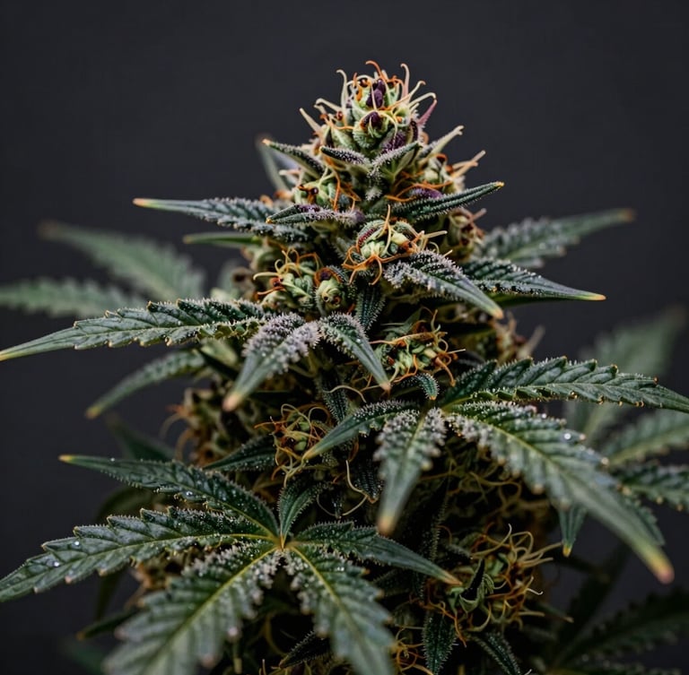 Extreme close-up macro shot of a dense, trichome-rich cannabis bud with deep purple and green hues, dramatic low-key lighting, dark slate background