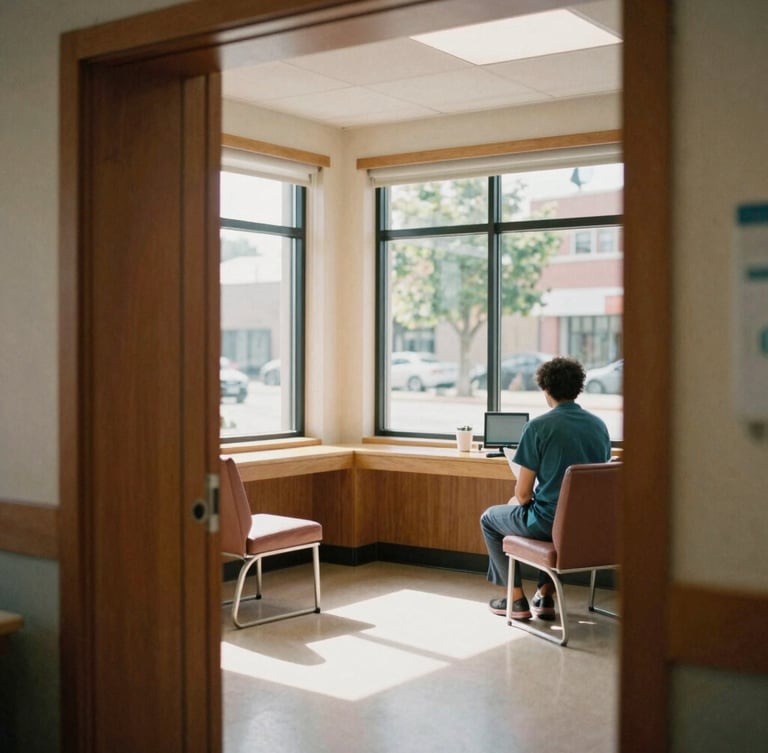 A medium shot of a modern community health clinic interior with warm natural light streaming through windows, rich organic tones, candid framing, shallow depth of field, 35mm