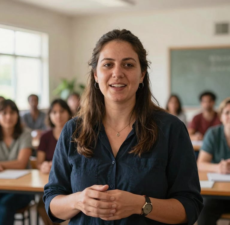 A medium environmental portrait of a female community leader speaking warmly, natural daylight, soft focus background of a community center, 35mm.