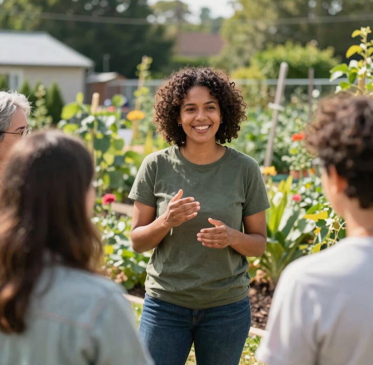 A medium environmental portrait of a local community organizer speaking warmly to a small group in a sunlit community garden, warm editorial photography, natural daylight, rich organic tones, shallow depth of field, 35mm