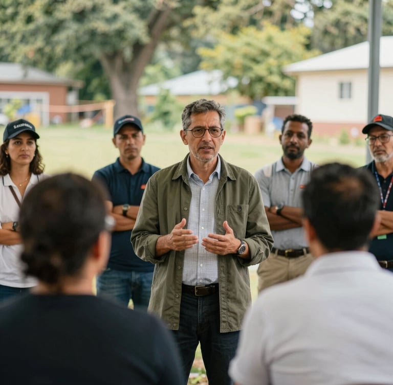 A wide environmental portrait of local leaders speaking at a community development site, natural daylight, rich organic tones, candid framing, shallow depth of field, 35mm