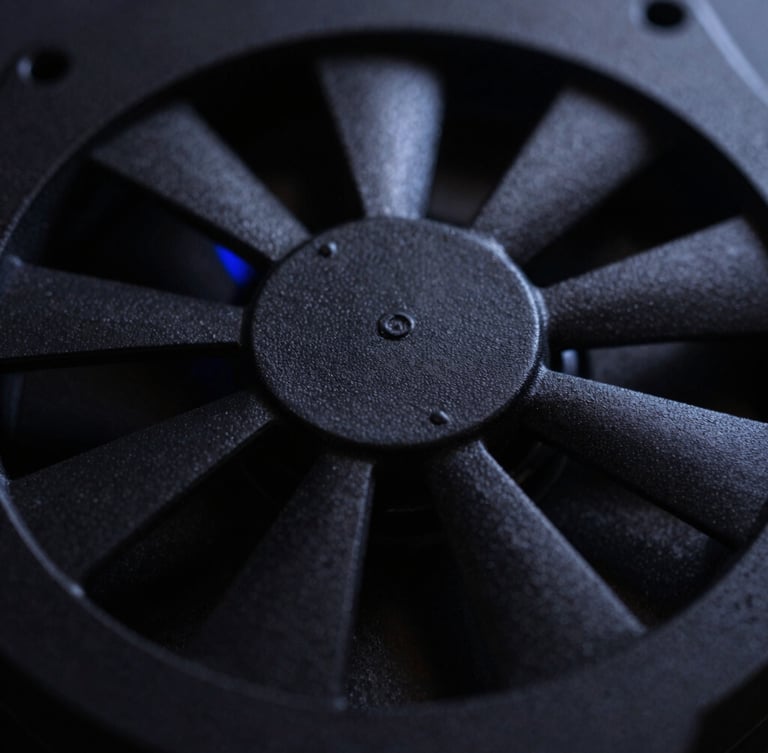 Macro close-up of a matte black 3D printed fan grill with low-key single-source lighting and a subtle blue ambient glow.