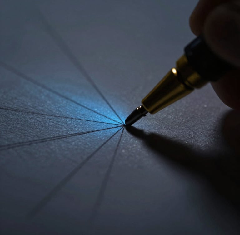 Extreme macro close-up of a brass pen carriage drawing vector lines on textured paper, low-key dramatic single-source lighting, deep shadows with a subtle electric blue ambient fill, 50mm lens