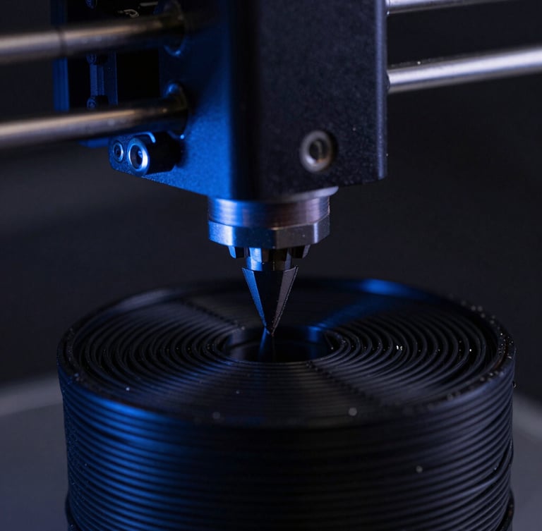 Extreme macro close-up of a 3D printer nozzle depositing black PETG filament under low-key single-source lighting with a subtle blue ambient glow