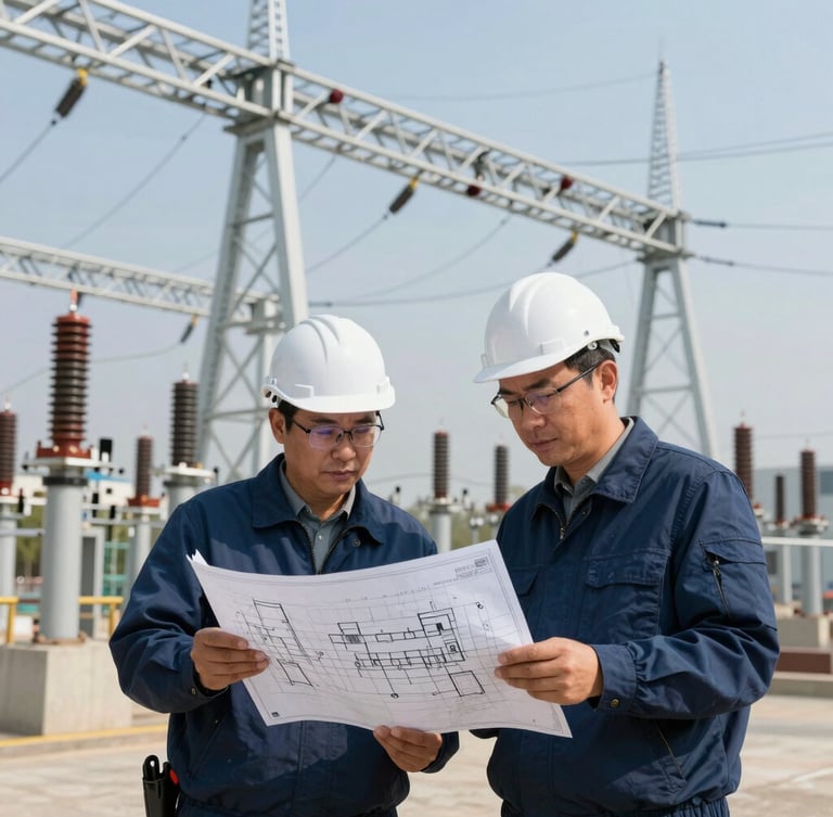 Two electrical engineers analyzing blueprints on-site at a high-voltage substation, massive steel structures and clear daylight, technical focus.