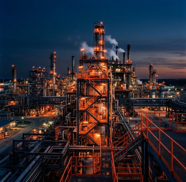 Cinematic industrial facility at dusk, dramatic architectural lighting, deep navy and steel tones with safety orange accents, sharp focus, 35mm