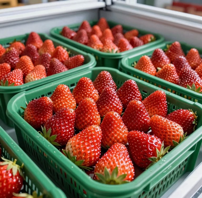 Pristine, dew-kissed strawberries in clean commercial crates inside a modern refrigerated warehouse, bright natural morning light, vibrant red and deep green tones, sharp focus, 50mm lens