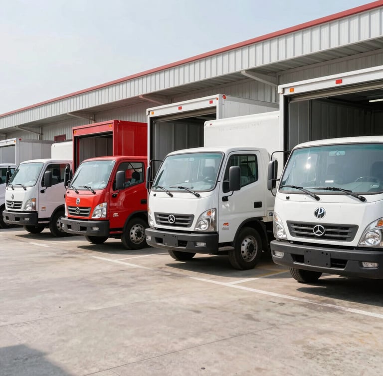 A clean, state-of-the-art climate-controlled distribution center with refrigerated trucks parked at loading bays, professional logistics setup, bright morning light, 50mm lens