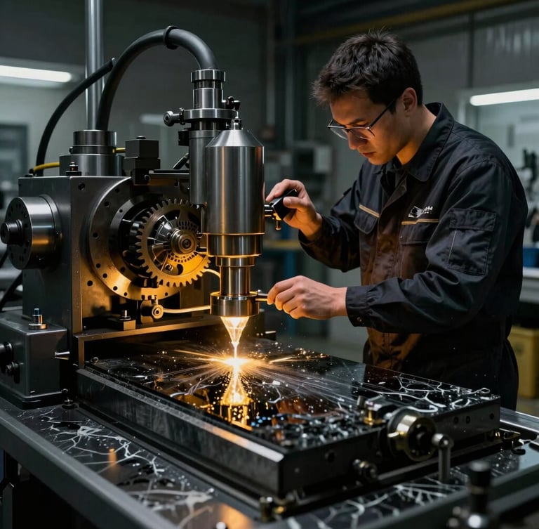 An expert engineer in dark industrial uniform calibrating a high-tech diamond cutter on a clean modern factory floor, dramatic low-key lighting with golden highlights, sharp focus on mechanical gears and water-cooled nozzles, 35mm