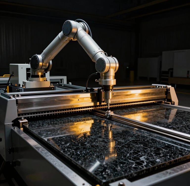 wide environmental shot of a state-of-the-art robotic stone cutting cell, golden highlights reflecting off polished steel and wet black granite, dark background, 35mm