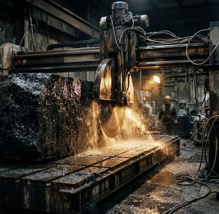 Dramatic industrial photography of a massive bridge saw cutting a block of raw granite, golden water spray highlights reflecting off wet stone, dark obsidian tones, 35mm