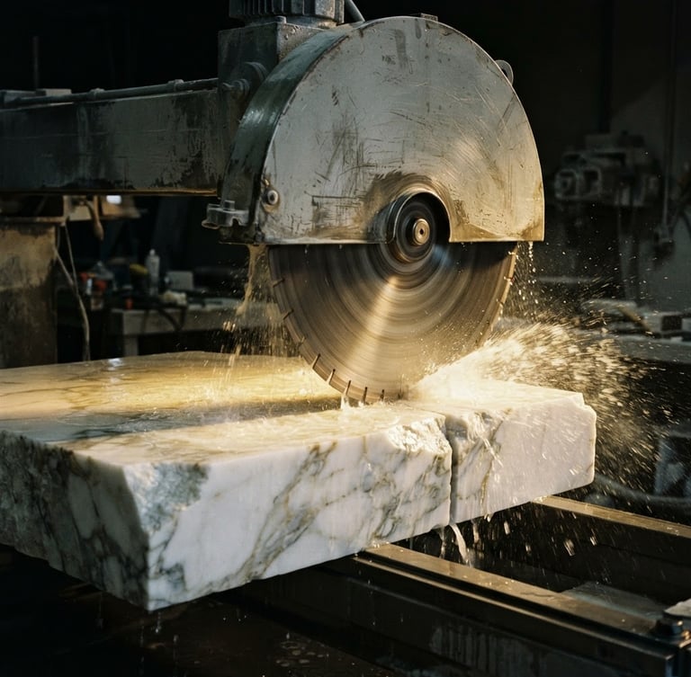 Dramatic close-up of a massive industrial bridge saw cutting a block of white Calacatta marble, water spraying, golden light reflecting off the wet stone and steel blade, dark obsidian background, 35mm photography