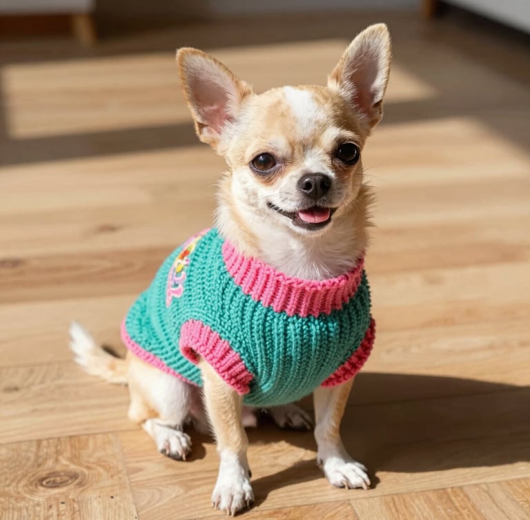 A happy small chihuahua wearing a colorful hand-knit teal and pink sweater, sitting on a sunlit wooden floor, bright natural daylight, 35mm photography