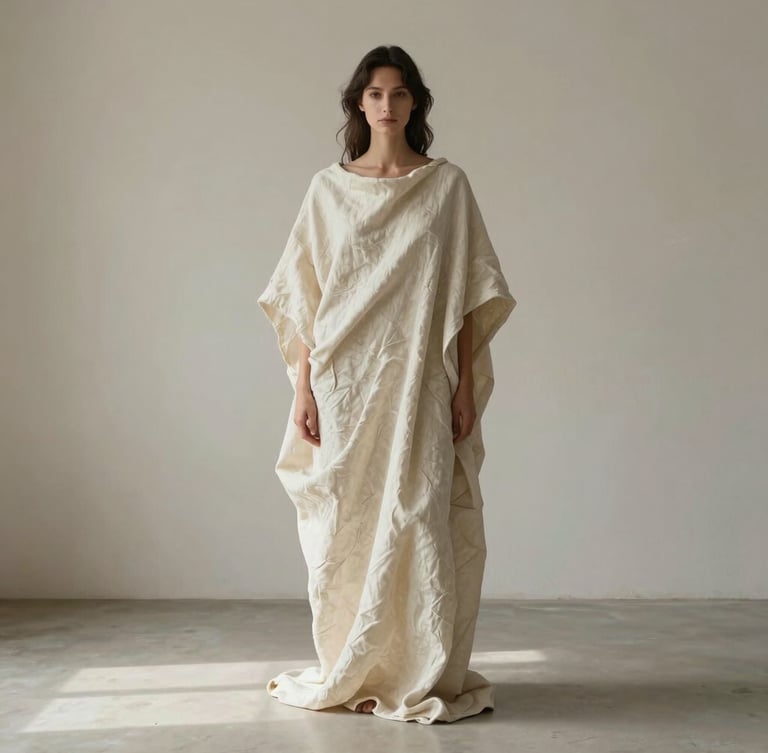 Wide editorial shot of a model draped in sculptural ivory organic linen, standing against a soft plaster wall in diffused morning light, minimalist composition with negative space.