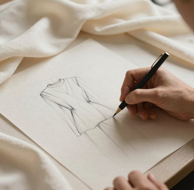 A designer's hands sketching a minimalist garment drape on textured paper, surrounded by swatches of ivory silk-linen fabric, soft warm daylight, close-up framing.