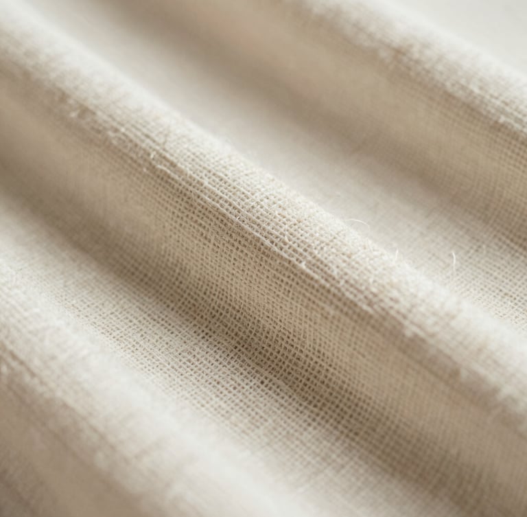 Macro close-up of hand-woven organic cotton fabric, showing the intricate raw texture and individual threads under soft directional daylight.