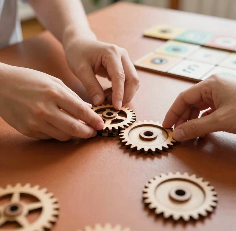 A warm, sunlit table with wooden STEM gears and board game pieces, hands adjusting a gear, shallow depth of field, rich terracotta tones