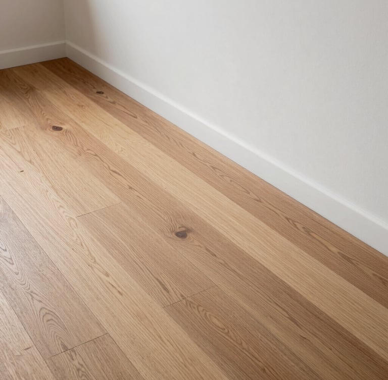High-angle architectural elevation of historic wide-plank oak floorboards transitioning precisely to a clean plaster wall, showcasing natural wood grain and tight tolerances under cool daylight.